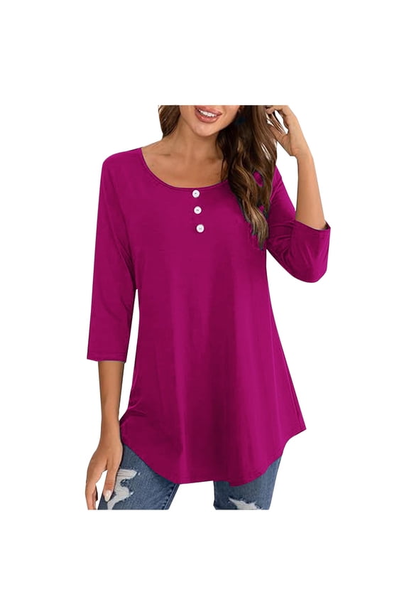 Women's Plus Size 3/4 Sleeve Casual Tunic Tops Solid Color Blouses Henley T Shirts for Women