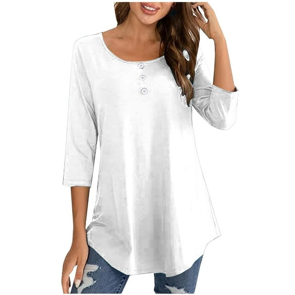 Aofany Women's Plus Size 3/4 Sleeve Casual Tunic Tops Solid Color Blouses Henley T Shirts for Women