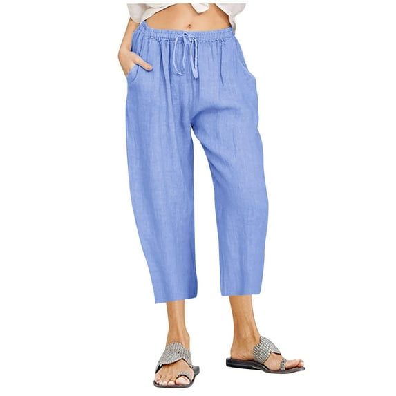 Aofany Women's Plus Size Cotton Linen 3/4 Pants Wide Leg Fashion Pants Casual Solid Drawstring Elastic Waist Trousers Light Blue XXXXXL
