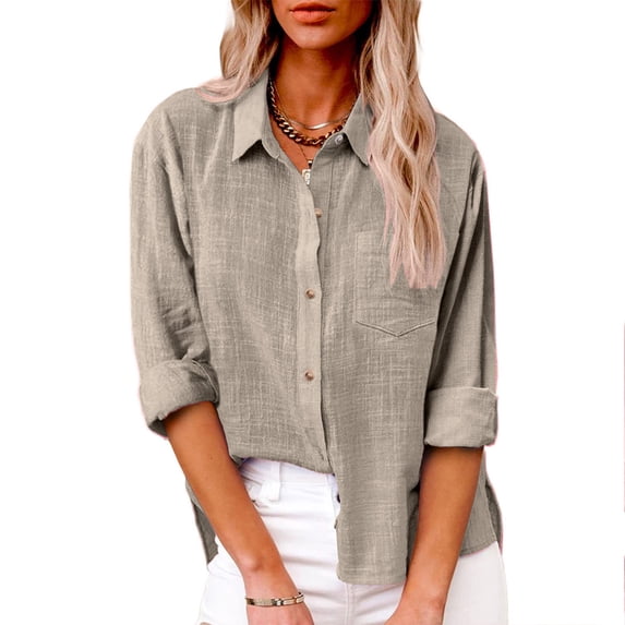 Aofany Women's Plus Size Cotton Linen Long Sleeve Tops Fashion Solid Button Shirt Lapel Loose T-shirt Blouse