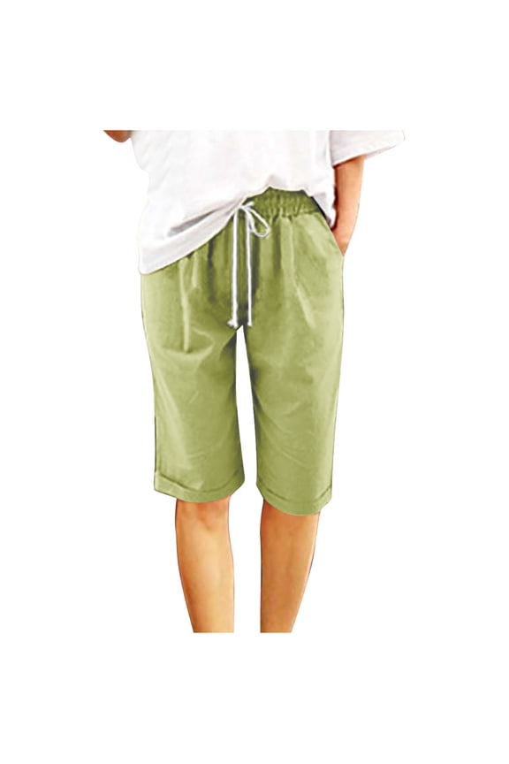 Women's Plus Size Cotton Linen Shorts Summer Solid Color Elastic Waist Half Pants Straight Drawstring Shorts with Pockets