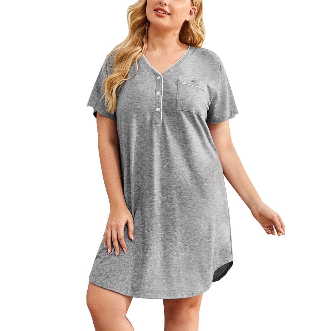 Aofany Women's Plus Size Nightgown Short Sleeve Nightshirt V Neck Sleep ...
