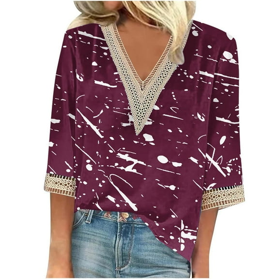 Aofany Women's Plus Size Pullover Tops V-neck Lace T-shirt 3/4 Sleeves Printed Blouse Fall Sale