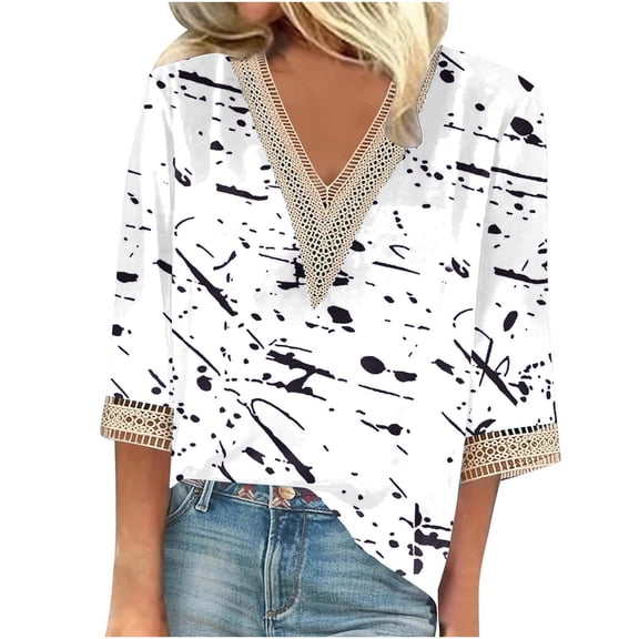 Aofany Women's Plus Size Pullover Tops V-neck Lace T-shirt 3/4 Sleeves Printed Blouse Fall Sale