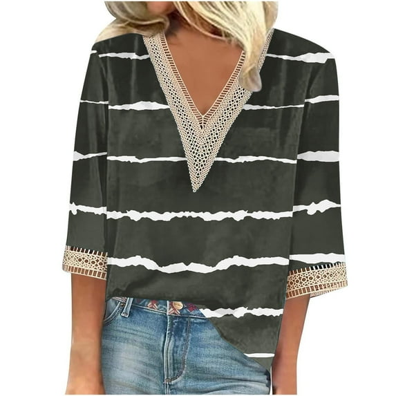 Aofany Women's Plus Size Pullover Tops V-neck Lace T-shirt 3/4 Sleeves Stripes Blouse Fall Sale