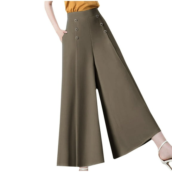 Aofany Women's Plus Size Wide Leg Pants Casual Daily High Waisted Solid Loose Button Trousers Business Commute Pants