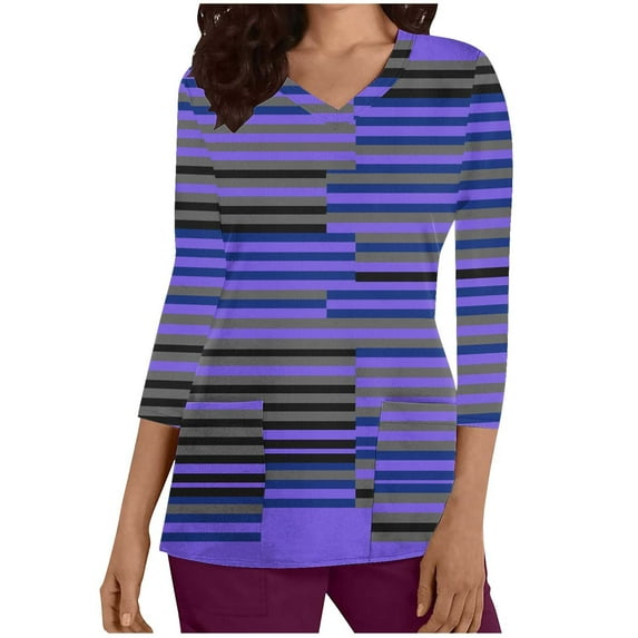 Aofany Women's Scrubs Tops Print 3/4 Sleeve Shirts Dressy V-Neck Healthcare Top Medical Workwear Tee with Pockets