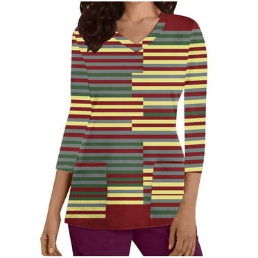 Aofany Women's Scrubs Tops Clearance Print 3/4 Sleeve Shirts Dressy V-Neck Healthcare Top Medical Workwear Tee with Pockets