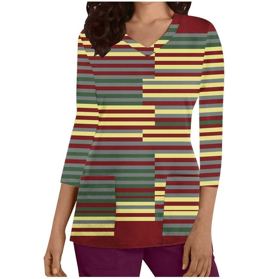 Aofany Women's Scrubs Tops Print 3/4 Sleeve Shirts Dressy V-Neck Healthcare Top Medical Workwear Tee with Pockets