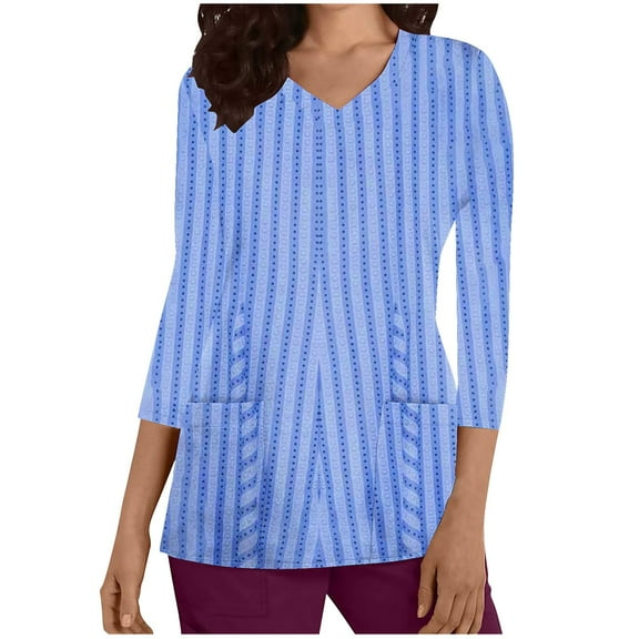 Aofany Women's Scrubs Tops Print 3/4 Sleeve Shirts Dressy V-Neck Healthcare Top Medical Workwear Tee with Pockets