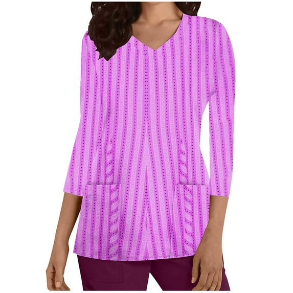 Aofany Women's Scrubs Tops Print 3/4 Sleeve Shirts Dressy V-Neck Healthcare Top Medical Workwear Tee with Pockets