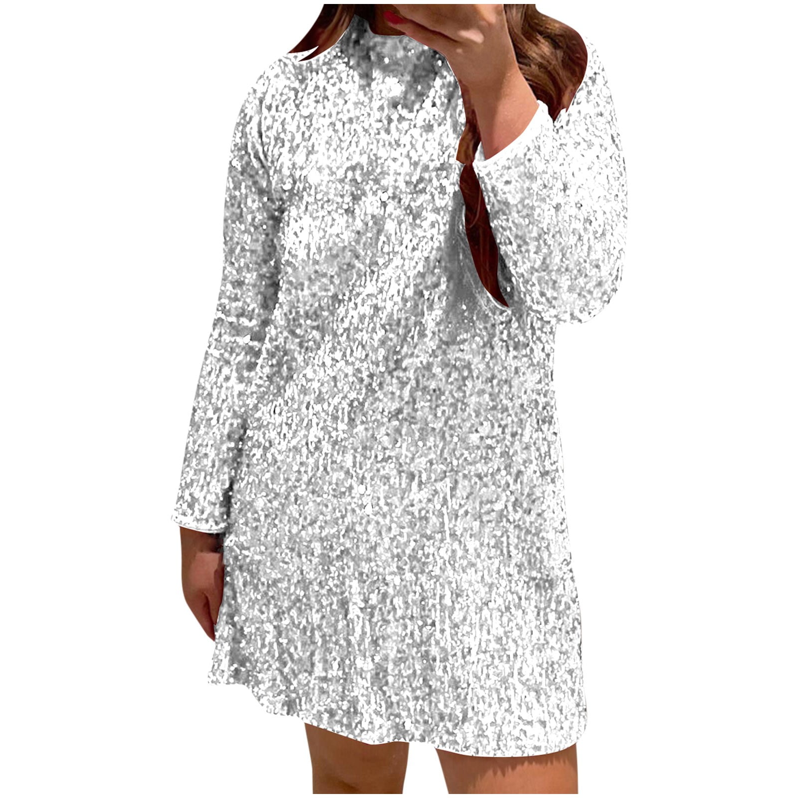 Anna-Kaci Women's Sparkly Sequins Party Dress Long Sleeve Crew Neck Elegant Loose Fashion Dresses