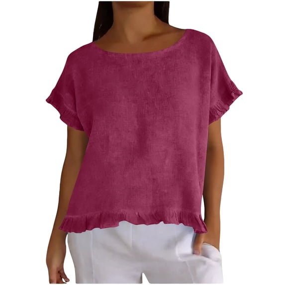 Aofany Women's Short Sleeve Casual T Shirts Summer Linen Ruffle Plain Round Neck Loose Fit Tee Blouse Tops