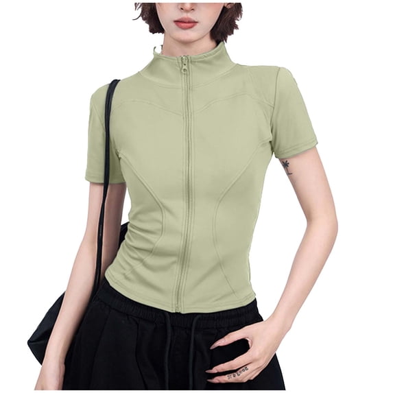 Aofany Women's Short Sleeve Slim Fit Athletic Jacket Full Zip Yoga Workout Tops Solid Color Fitness Sun Protection Cropped Shirts