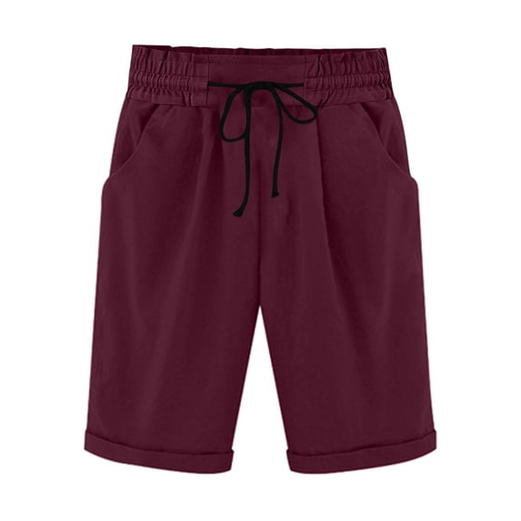 Aofany Women's Shorts Summer Elastic Waist Drawstring Pocket Shorts Solid Casual Comfy Cotton Shorts