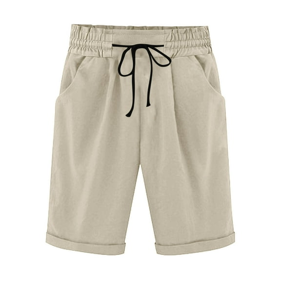 Aofany Women's Shorts Summer Elastic Waist Drawstring Pocket Shorts Solid Casual Comfy Cotton Shorts
