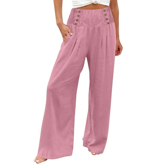 Aofany Women's Solid Color Cotton Linen Pants Light Weight Fit Long Palazzo Pants Casual Loose Flowy Elastic High Waist Wide Leg Stretch Lounge with Pockets Comfy Summer Trousers