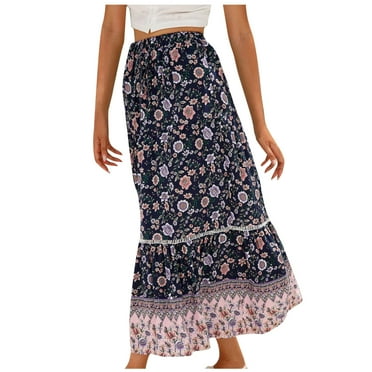Aofany Women's Spring And Summer Vintage Boho Style Skirts Fashion Thin And Flowy Mid-Length Skirt Trend Drawstring Printed Skirt