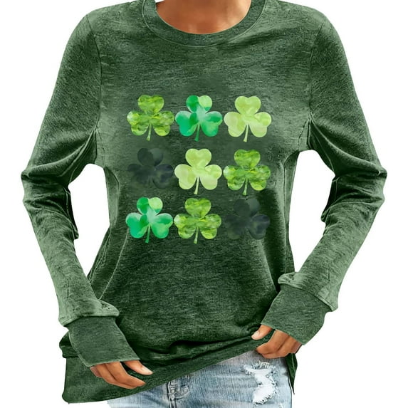 Aofany Women's St. Patrick's Day Long Sleeve Shirts Heart Shaped Shamrock Print T Shirt Comfortable Tops for Festive Celebrations