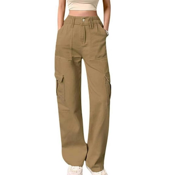 Aofany Women's Straight Leg Cargo Pants Classic High Waist Relaxed Trousers Solid Breathable Comfy Leisure with Pockets Button Pants