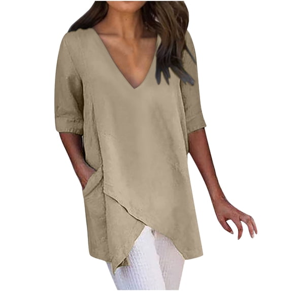 Aofany Women's Summer Plus Size Fashion Short Sleeves Tops V-Neck Cotton Linen Loose T-shirt Solid Irregular Hem Blouse