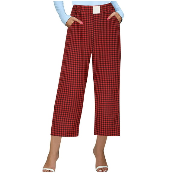 Aofany Women's Trousers Comfortable Elastic Waist Capris Pant Womens Casual Baggy Straight Wide Leg Plaid Pants with Pockets