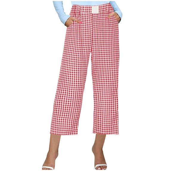 Aofany Women's Trousers Comfortable Elastic Waist Capris Pant Womens Casual Baggy Straight Wide Leg Plaid Pants with Pockets