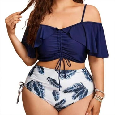 Aofany Women's Two Piece Bikini Swimsuit Set High-waisted Ruched Tie Swimwear Plus Size Sexy Ruffle Bathing Suits