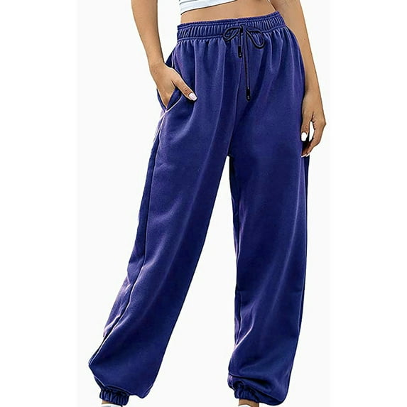Aofany Women's Workout Pants Fashion Casual Solid Color Elastic High Waist Trousers Lacing Up Long Straight Pants Blue M