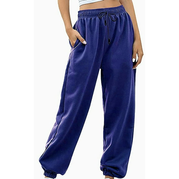 Aofany Women's Workout Pants Fashion Casual Solid Color Elastic High Waist Trousers Lacing Up Long Straight Pants Blue S