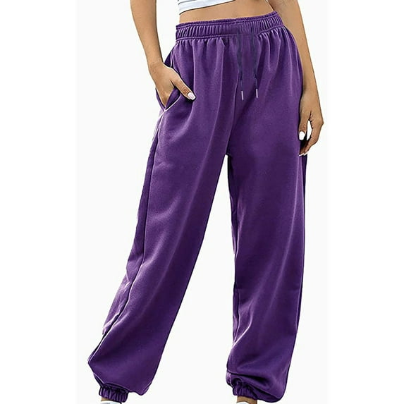 Aofany Women's Workout Pants Fashion Casual Solid Color Elastic High Waist Trousers Lacing Up Long Straight Pants Purple L