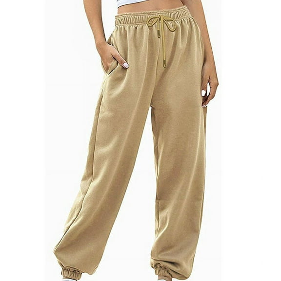 Aofany Women's Workout Pants Lacing Up Long Straight Pants Fashion Casual Solid Color Elastic High Waist Trousers Khaki L