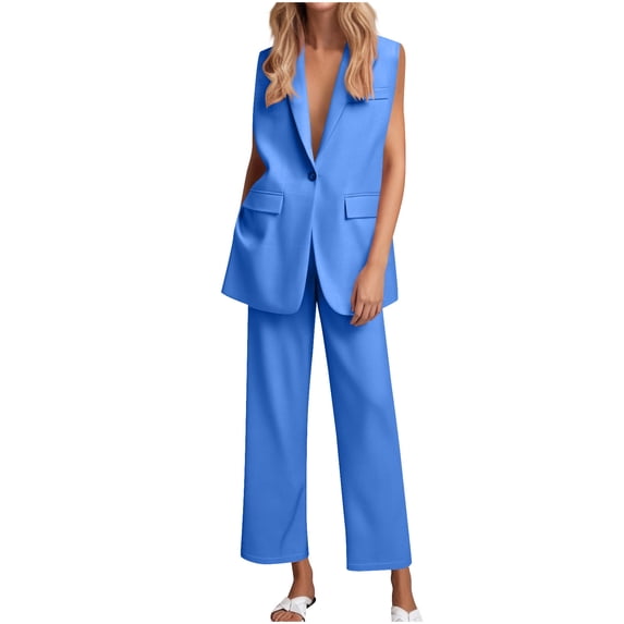 Aofany Womens 2 Piece Blazer Sets Casual Sleeveless Open Front Formal Office Work Jackets and Wide Leg Pants Suit Set