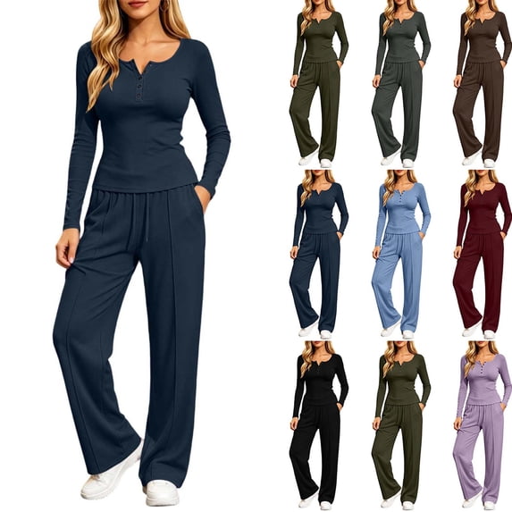 Aofany Womens 2 Piece Sets Long Sleeve Wide Leg Tracksuits Casual Lounge Fall Outfits Solid Color Matching Sets