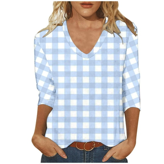 Aofany Womens 3/4 Sleeve Blouses Plus Size Loose Fit Plaid Womens Dress Tops for Women V Neck Tee Shirts