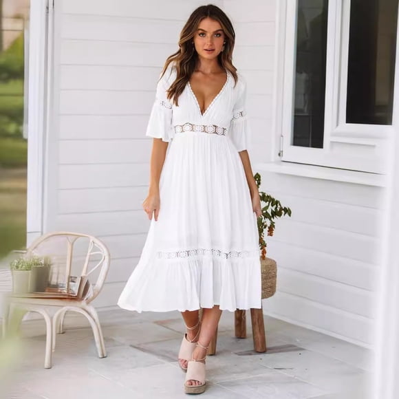 MELDVDIB Womens Bohemian Dress Deep V Neck Summer Flowy Long Maxi Dresses White Sleeveless Beach Party Loose Dresses