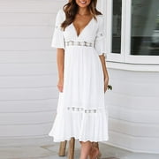Cotonie Women's Bohemian Summer Dress Lace Long Dress White Beach Dress  Short Sleeve Off Shoulder Dress Big Sale M 