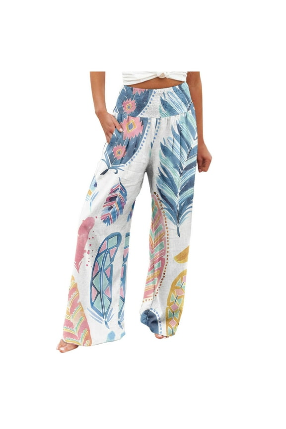 Womens Cotton Linen Loose Fit Casual Pants Elastic Waist Summer Printing Beach Trousers with Pockets