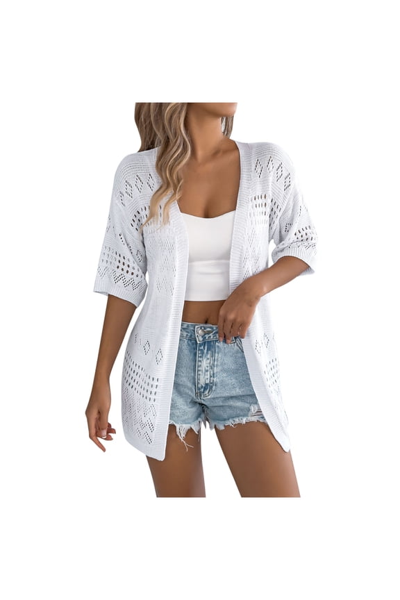 Womens Crochet Cardigan Sweaters for Summer Spring Fall, Lightweight Short Sleeve Oversized Open Front Kimono Boho Knit Beach Cover Up with Swimsuit, Bikini, Bathing suit