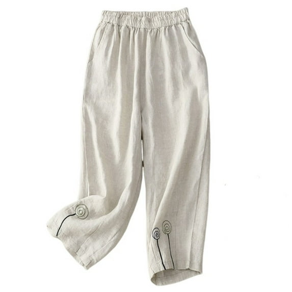 Aofany Womens Elastic Waisted Trousers Casual Baggy Straight Cotton Linen Pant Summer Versatile Pants