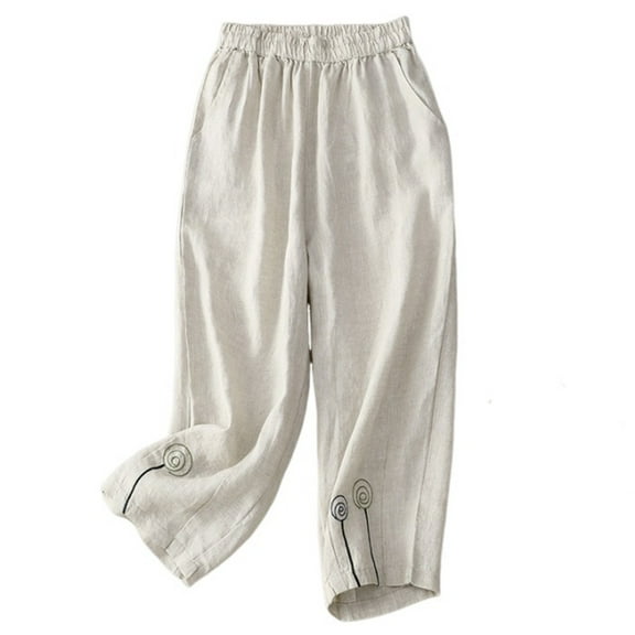 Aofany Womens Elastic Waisted Trousers Casual Baggy Straight Cotton Linen Pant Summer Versatile Pants