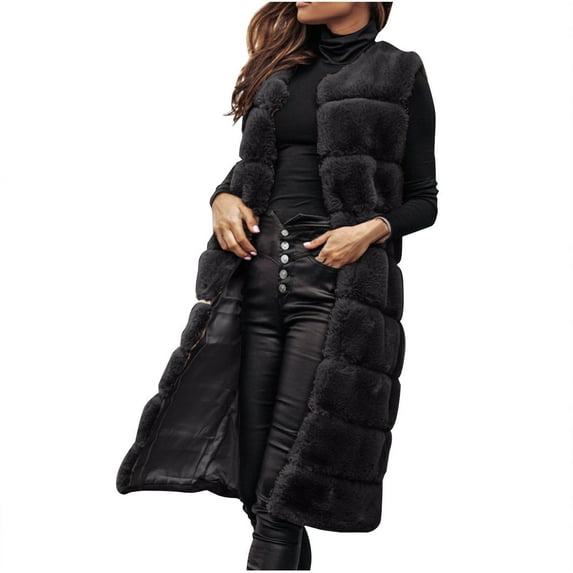 Aofany Womens Fleece Long Vest Jacket Warm Faux Furs Sleeveless Waistcoat Trendy Fleece Linen Thermal Outerwear Coats Soft Solid Long Vests