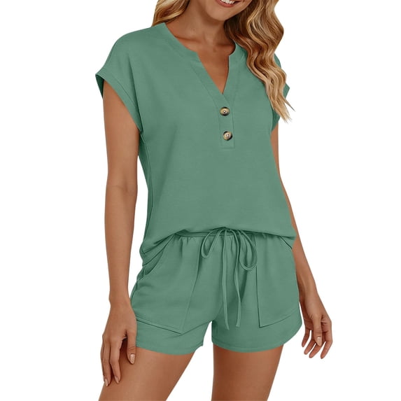 Aofany Womens Henley 2 Piece Short Sets Summer Button V-Neck Short Sleeve Tops and Shorts Set Travel Vacation Matching Sweatsuit with Pockets