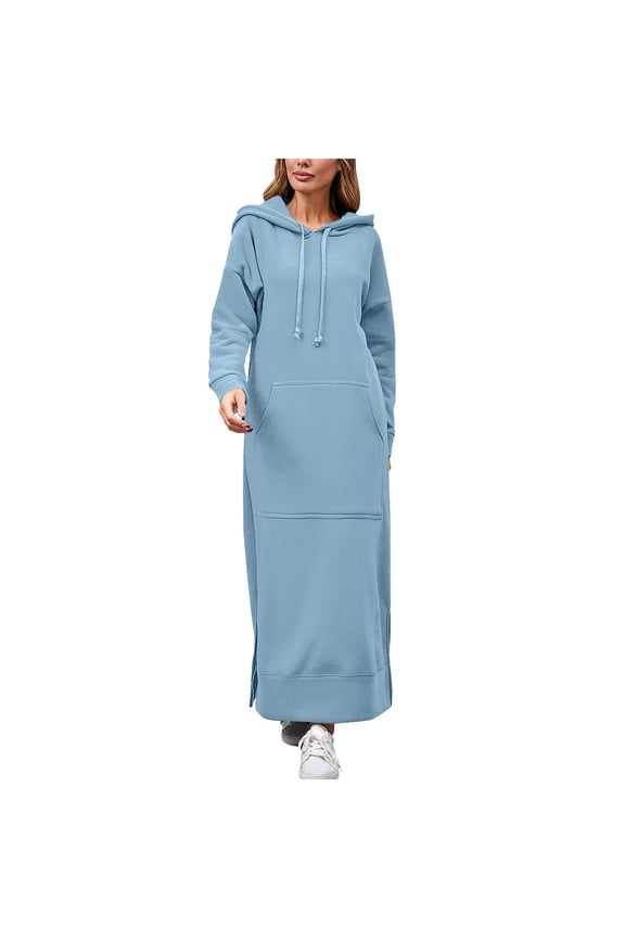 Womens Hoodie Dresses Womens Oversized Long Sleeve Drawstring Hoodie Dress, Solid Color Hooded Sweatshirt Dress Loose Casual Tunic Sweatshirt Dresses with Pockets
