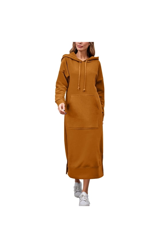 Womens Hoodie Dresses Womens Oversized Long Sleeve Drawstring Hoodie Dress, Solid Color Hooded Sweatshirt Dress Loose Casual Tunic Sweatshirt Dresses with Pockets