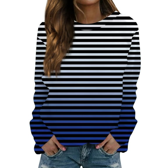 Aofany Womens Long Sleeve Fall Tops Women's Casual Gradient Striped Sweatshirts Crewneck Loose Comfy T-Shirts