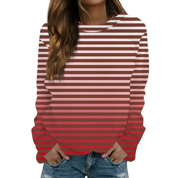 Aofany Womens Long Sleeve Fall Tops Women's Casual Gradient Striped Sweatshirts Crewneck Loose Comfy T-Shirts