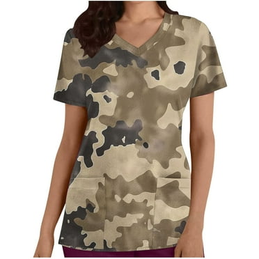 Aofany Womens Nursing Scrub Tops Camouflage Printed Working Uniform Short Sleeve V Neck Workwear Blouse T-shirt with Pockets on Clearance