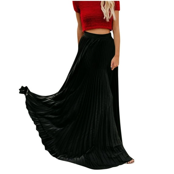 Aofany Womens Pleated Maxi Skirt High Waist Fold Solid Vintage Swing Skirts Loose Casual Long Skirts