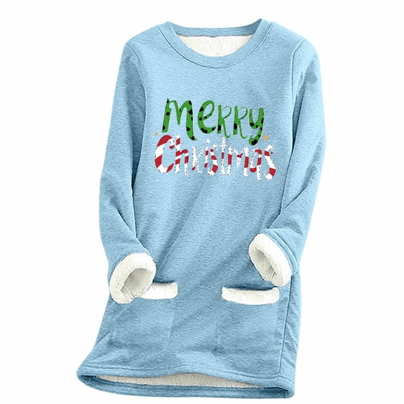Aofany Womens Plus Size Christmas Sherpa Lined Pullovers, Women's Winter Soft Sherpa Fleece Lined Pullover Tops Casual Crewneck Christmas Sweatshirt Classic Xmas Loungewear Top